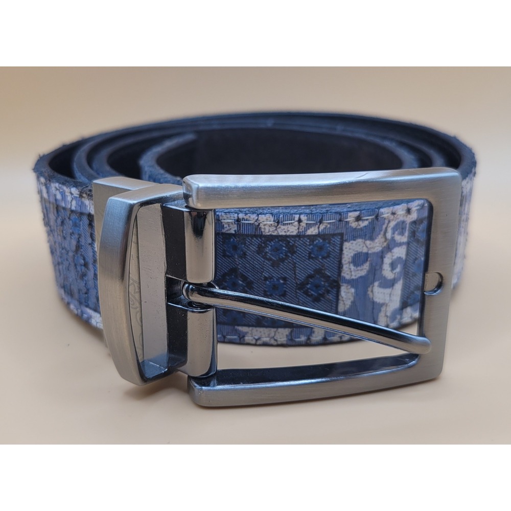 Reversible Belt Blue Paisley Floral Pattern Gunmetal Buckle Italy